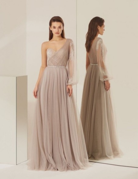 Asymmetric long party dress with tulle skirt