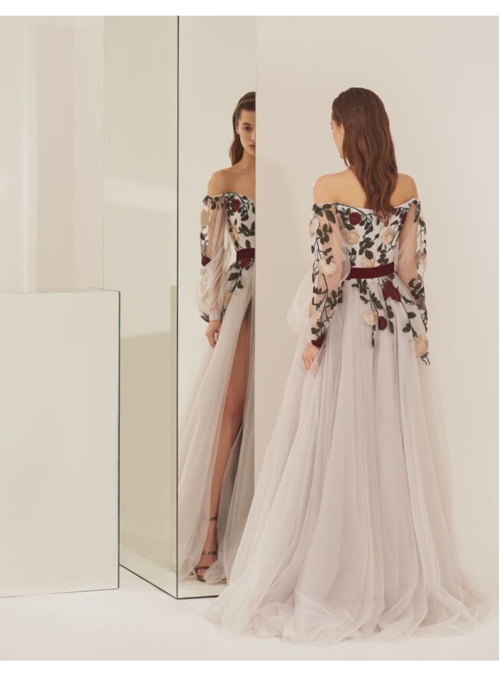 Long party dress bardot neckline with floral...