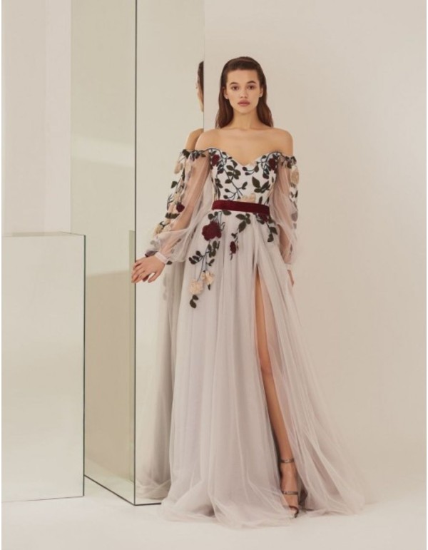 Vestido largo de fiesta con flores para mujer, traje de noche con apliques,  corte en A, color champán, 2024