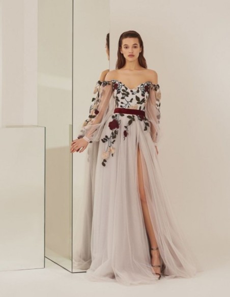 Long party dress bardot neckline with floral applique