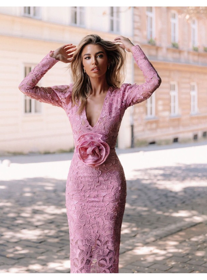 Gum pink midi party dress with lace and long sleeves