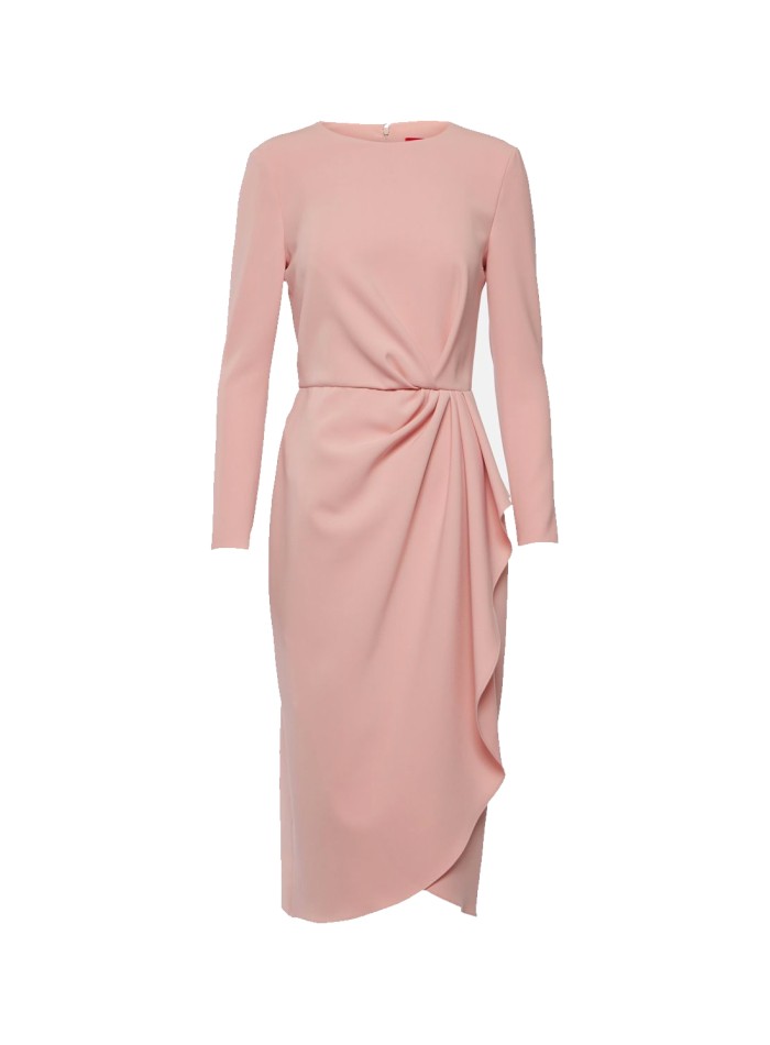 Midi party dress with ruching and cinched waist