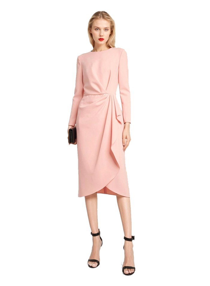 Midi party dress with ruching and cinched waist pink