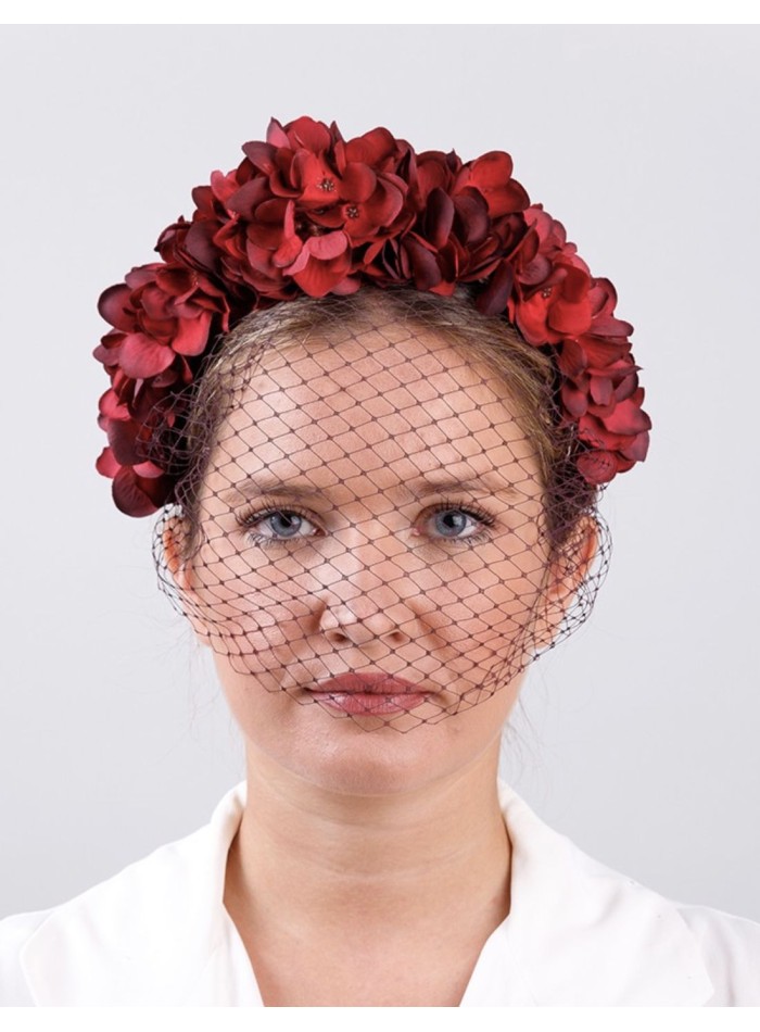 Floral party headband in reddish tones with mesh