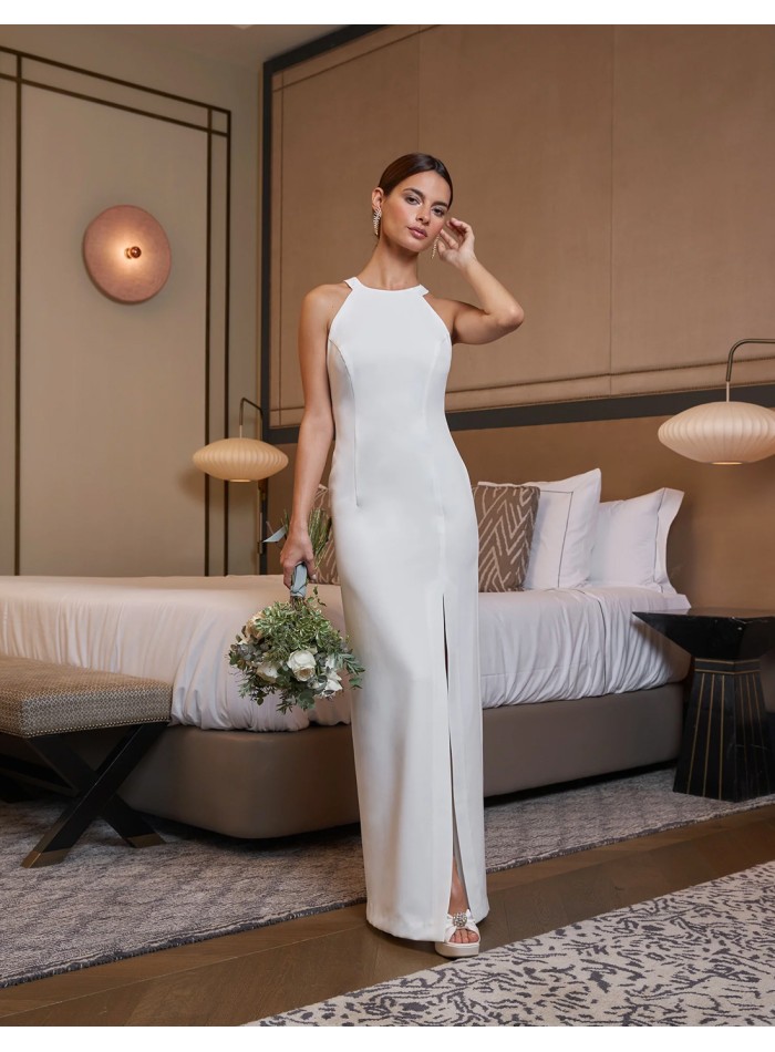 Long wedding dress with halter neckline and open back white