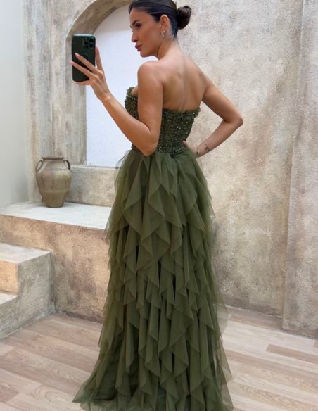 Evening dress with rhinestone corset and tulle ruffle skirt