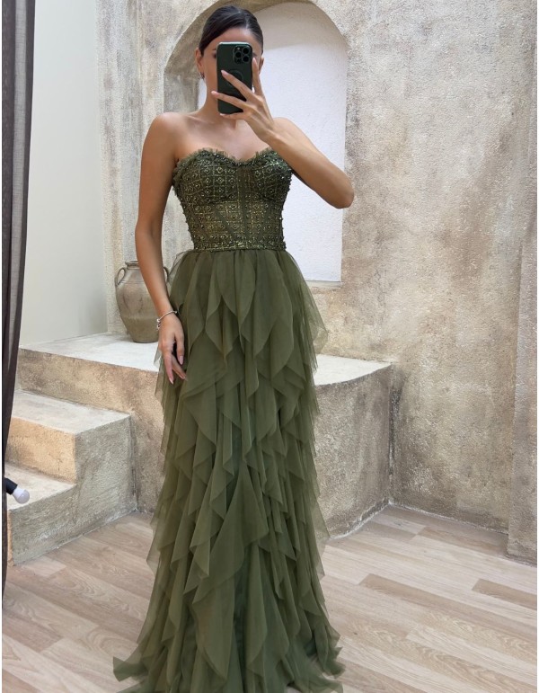 Robe de soirée avec corset en strass et jupe à volants en...