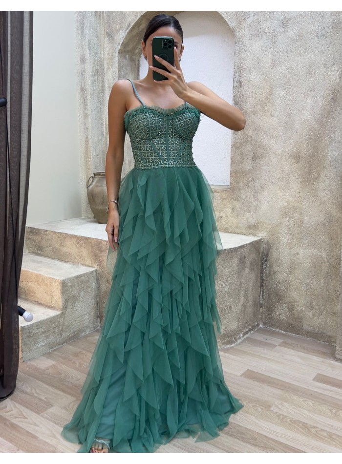 Evening dress with rhinestone corset and tulle ruffle skirt