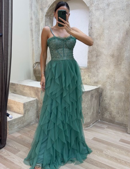 Evening dress with rhinestone corset and tulle ruffle skirt