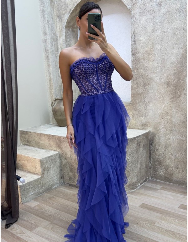 Robe de soirée avec corset en strass et jupe à volants en...