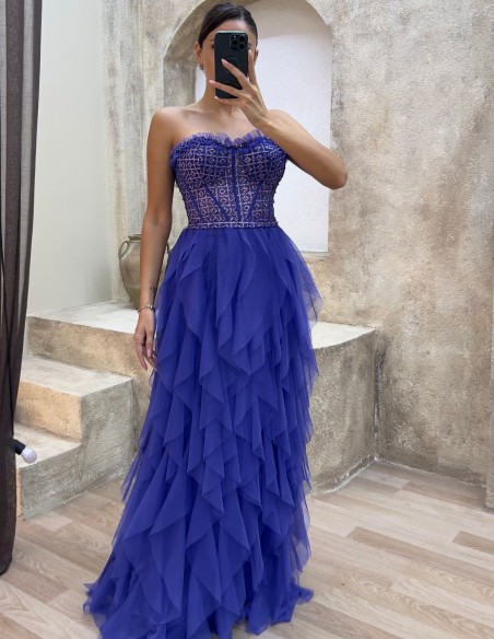 Robe de soirée avec corset en strass et jupe à volants en tulle