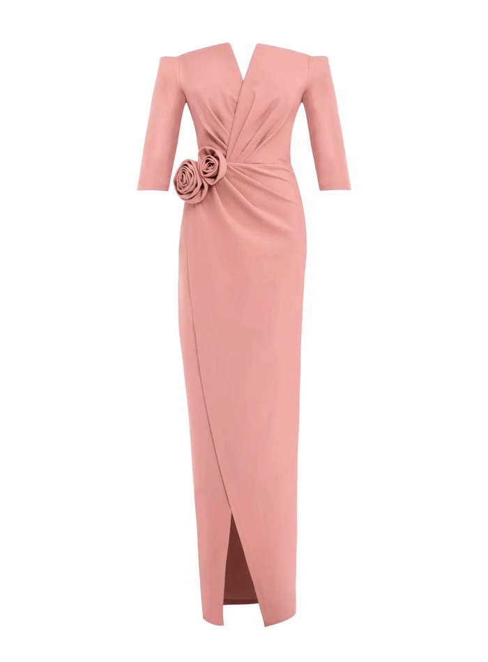 Evening dress with bandeau neckline and flower detail