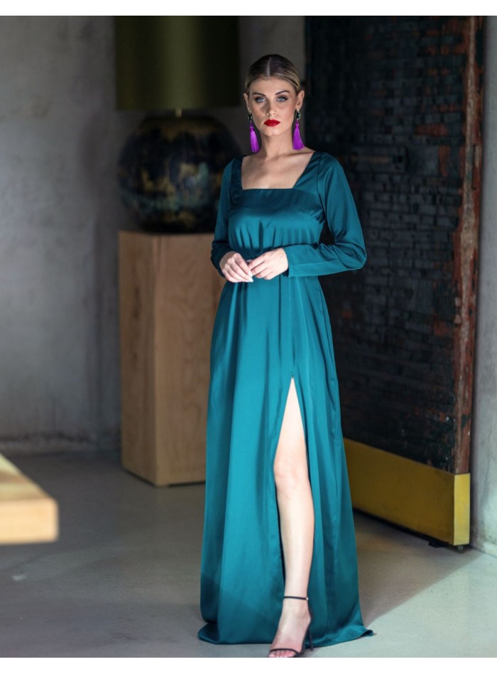 Emerald green long party dress with long sleeves