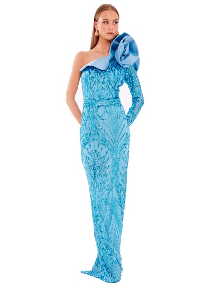 Vestido de Fiesta largo de lentejuelas con detalle de flor