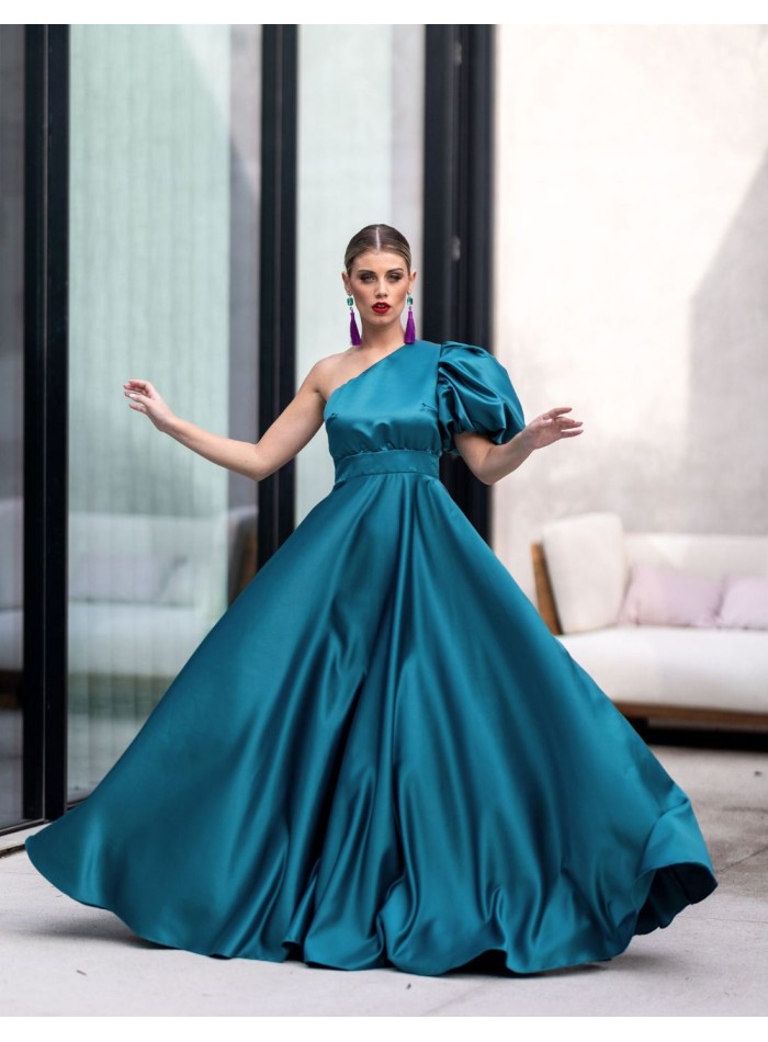 Turquoise long party dress with asymmetric neckline and balloon sleeves