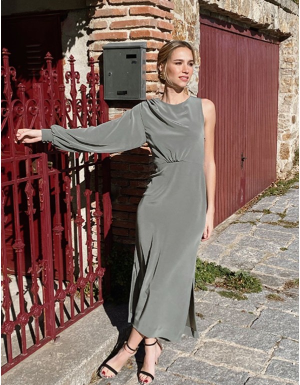 Robe de soirée midi grise à encolure asymétrique