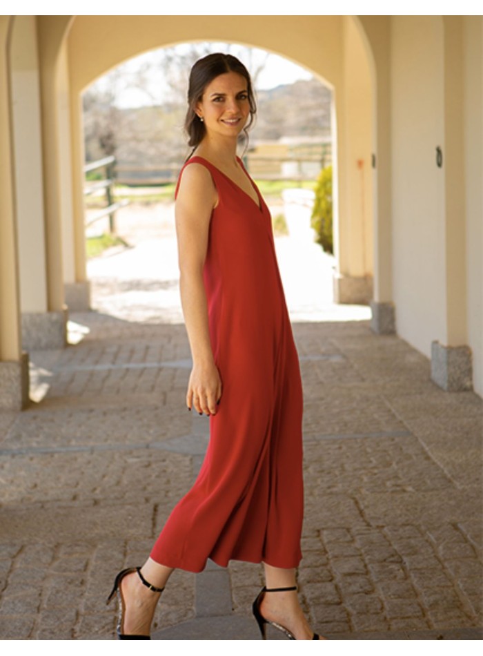 Red satin midi party dress with neckline