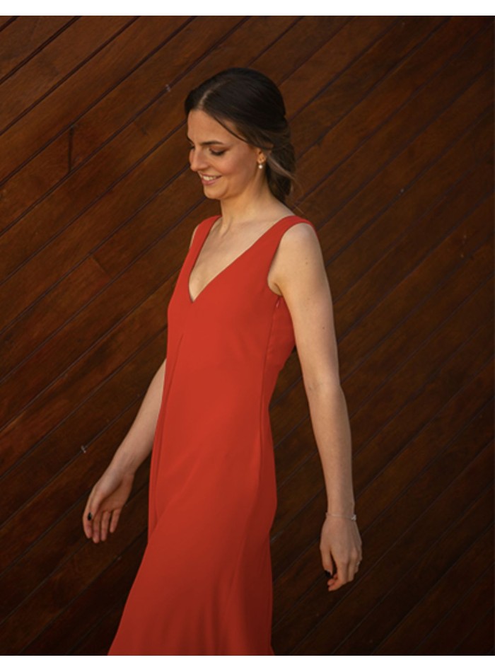 Red satin midi party dress with neckline