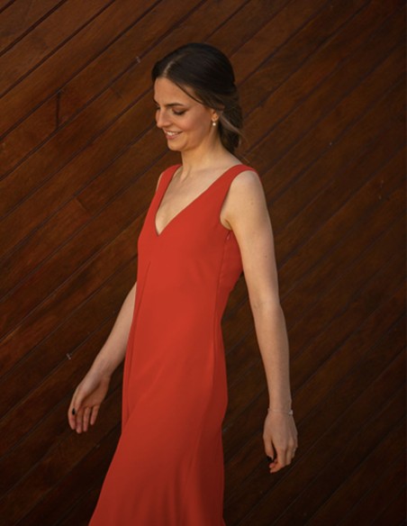 Red satin midi party dress with neckline