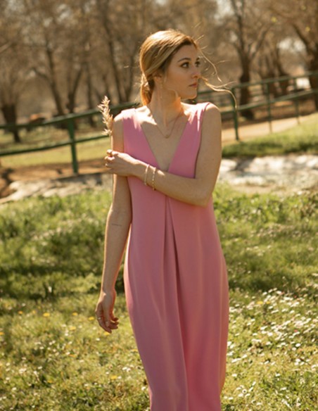 Robe de soirée midi en satin rose Camellia