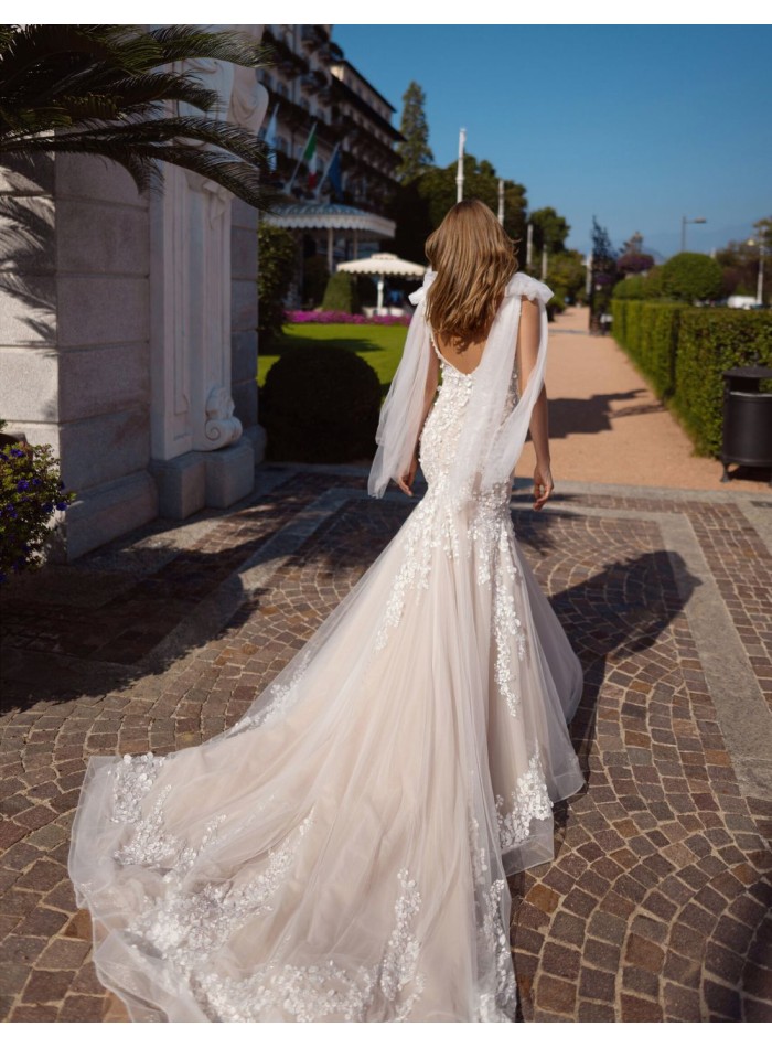 Nude wedding dress with V-neckline and V-back,...