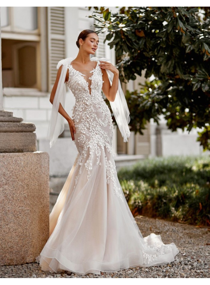 Nude wedding dress with V-neckline and V-back,...