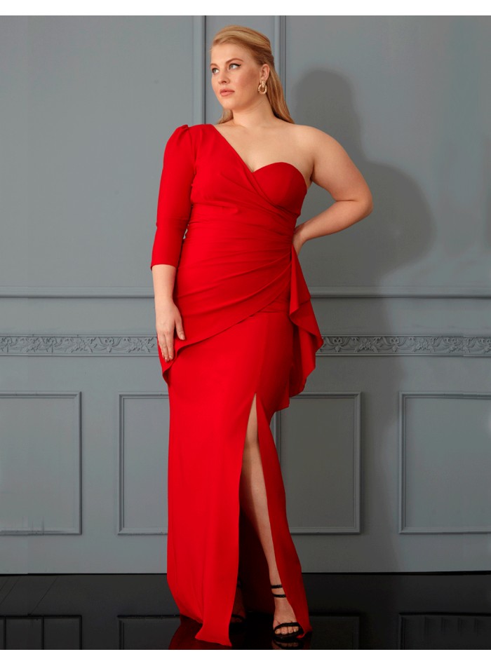 Evening dress with asymmetrical sweetheart neckline and one sleeve