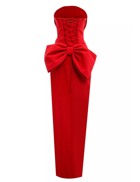 Robe longue de fête avec encolure sans bretelles et maxi nœud dans le dos