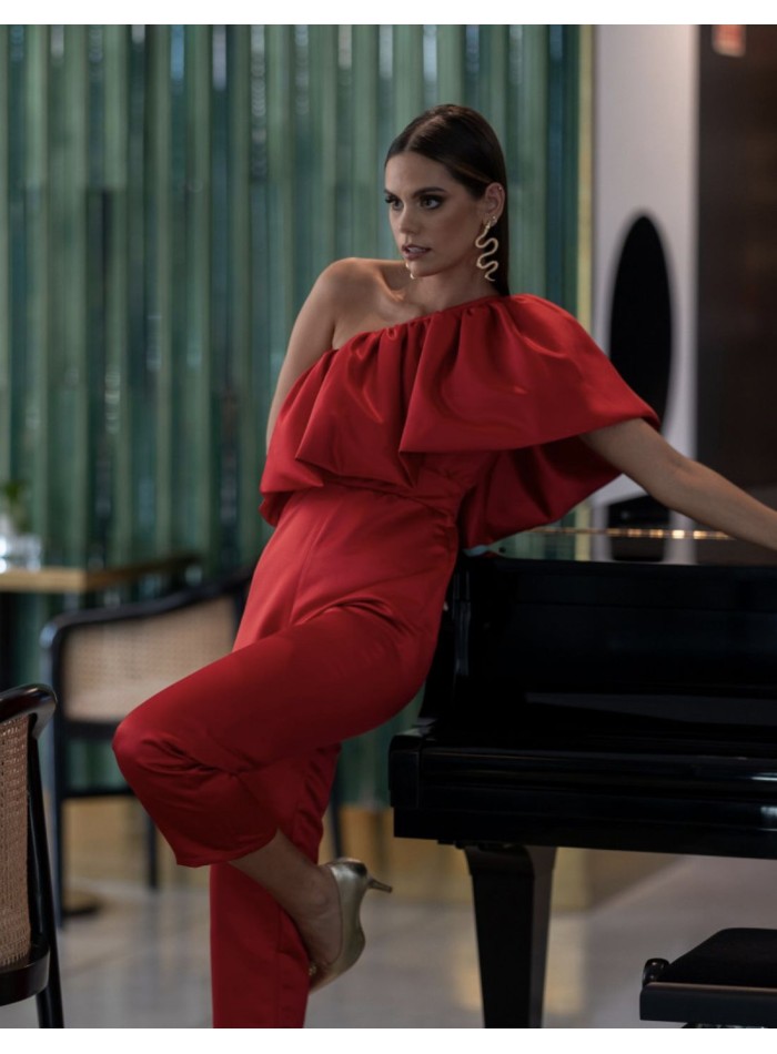 Red midi party jumpsuit with asymmetric neckline and maxi ruffle