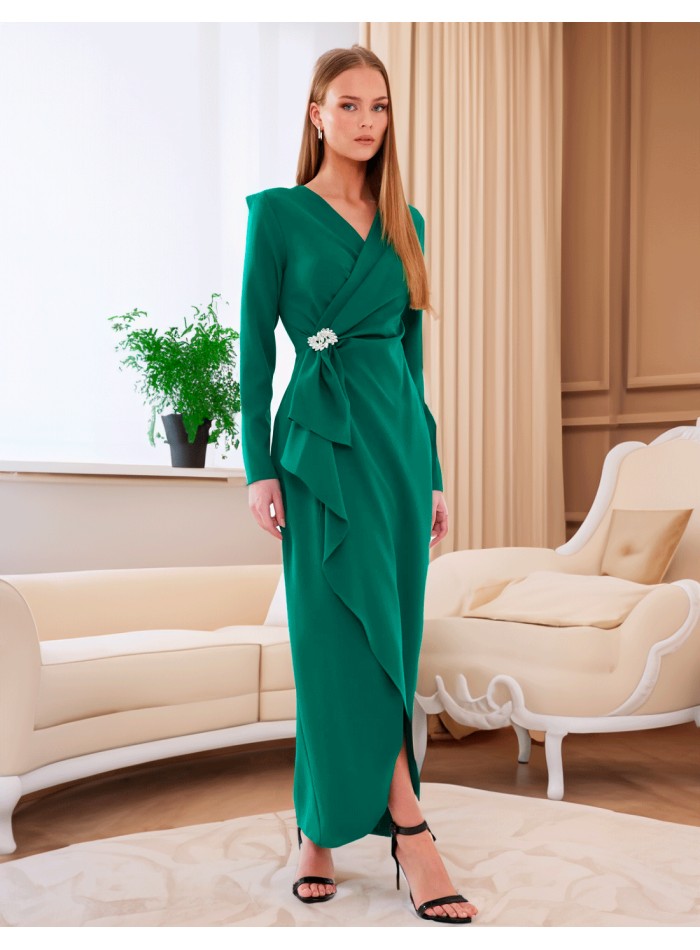 Evening dress with crossover neckline and long sleeves