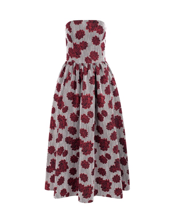 Vestido de fiesta midi estampado y escote palabra de honor