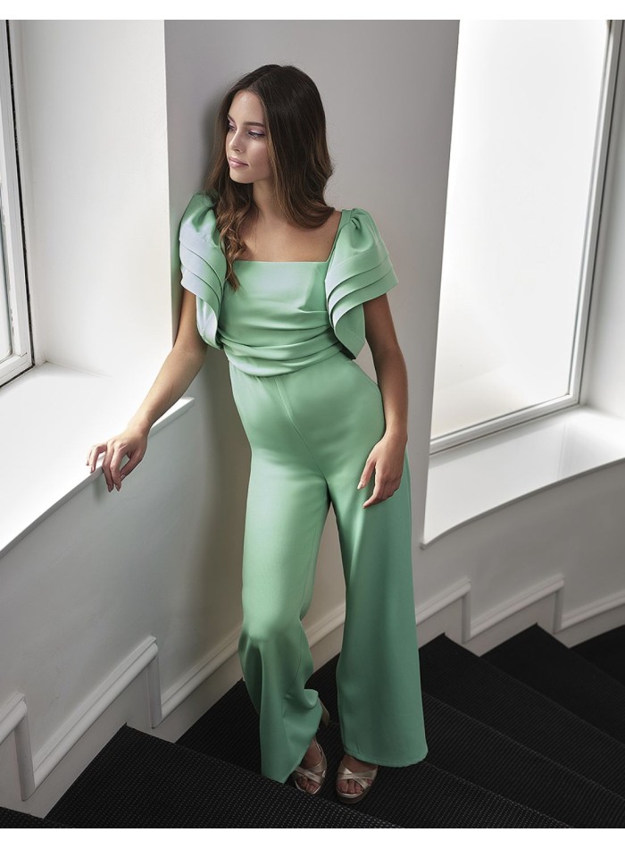 Plain long party jumpsuit with flowing cape sleeves