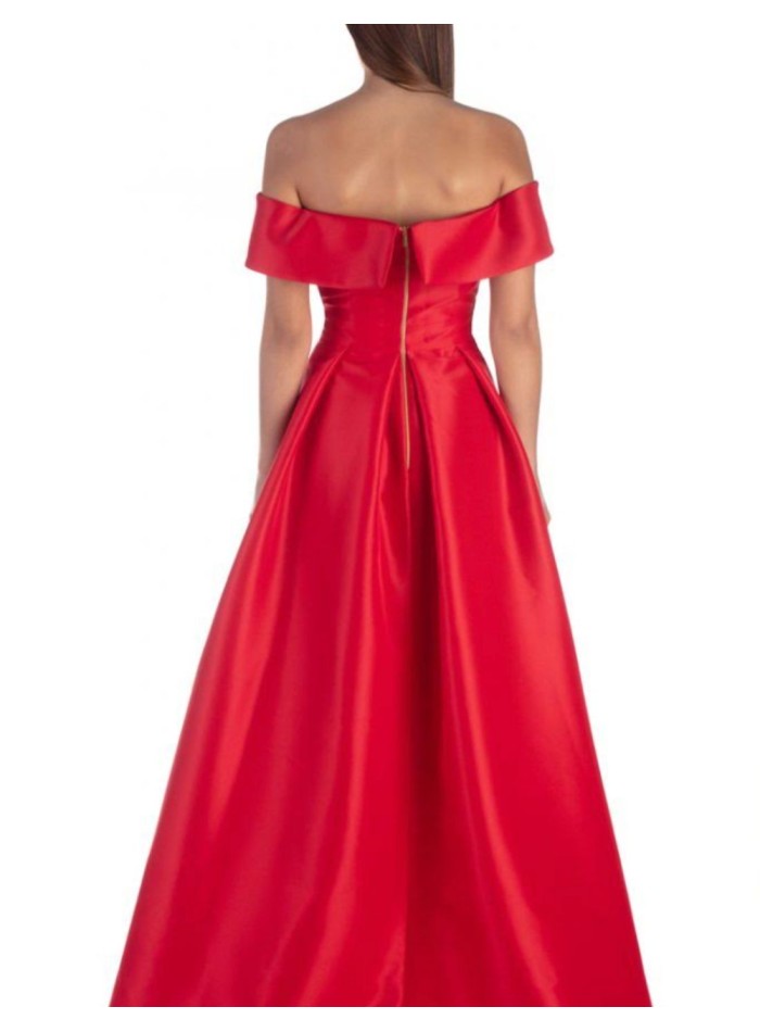 Long satin party dress with bardot neckline