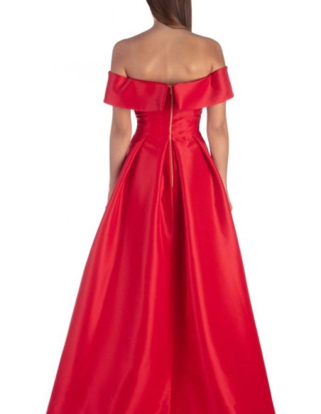 Long satin party dress with bardot neckline
