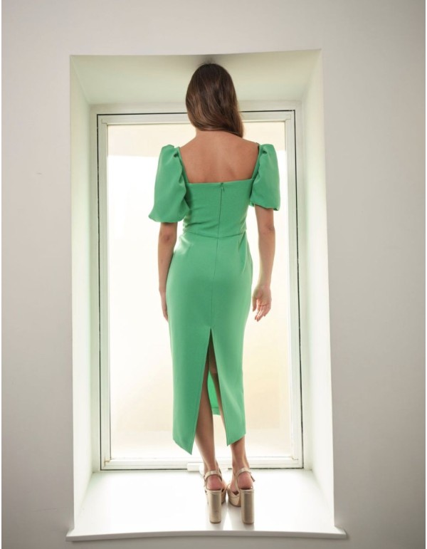 Robe de soirée midi verte à manches courtes bouffantes 2