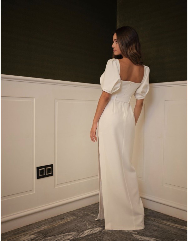 Vestido largo blanco con manga corta abullonada 2