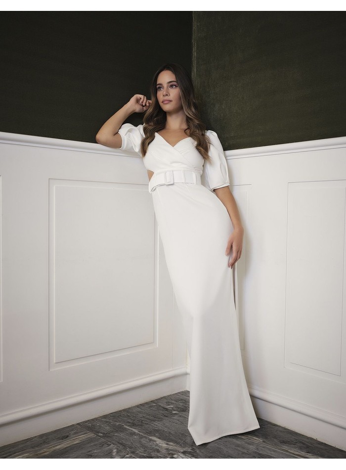 Long white dress with short puffed sleeves