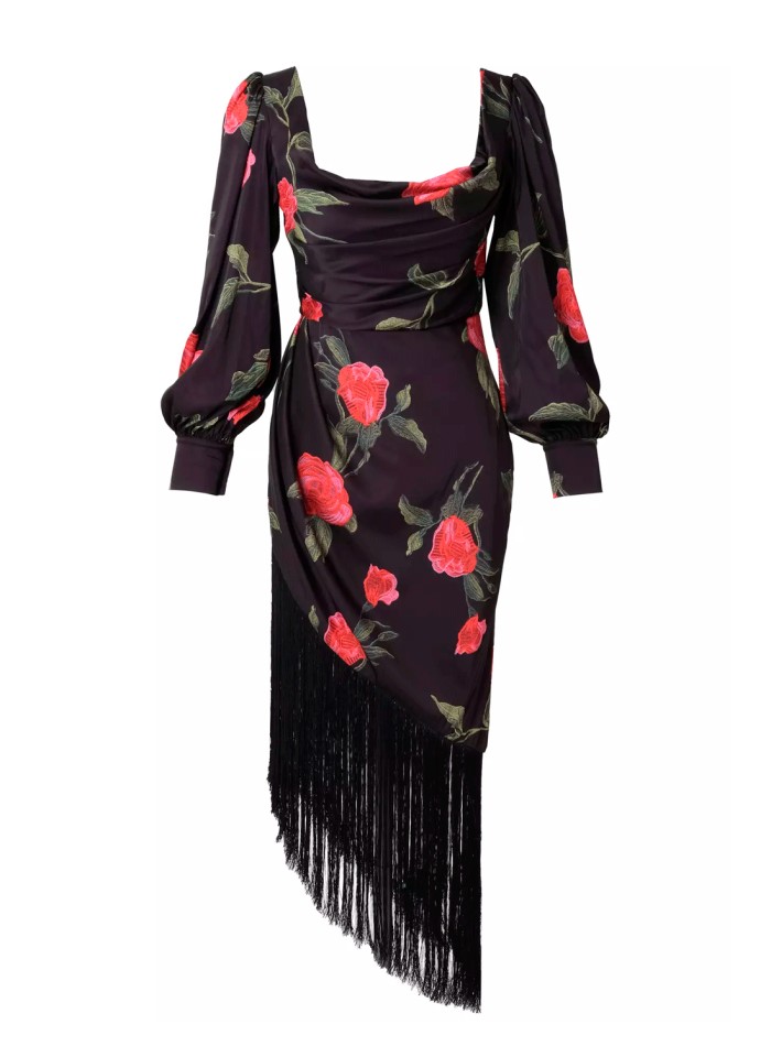 Printed evening dress with fringes - manila shawl