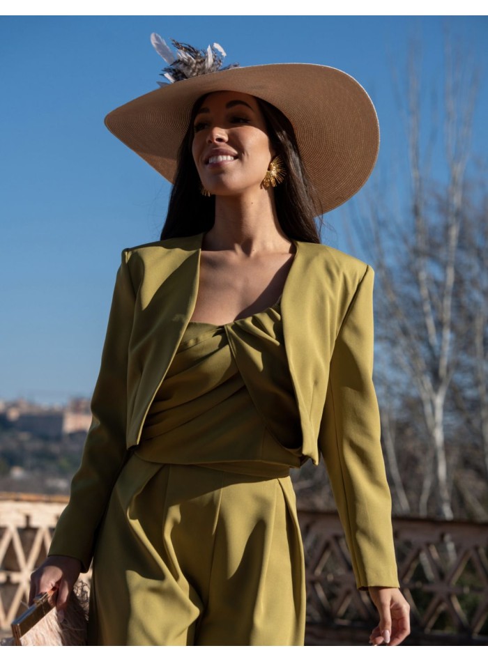 Olive green three-piece suit with asymmetrical neckline and trousers