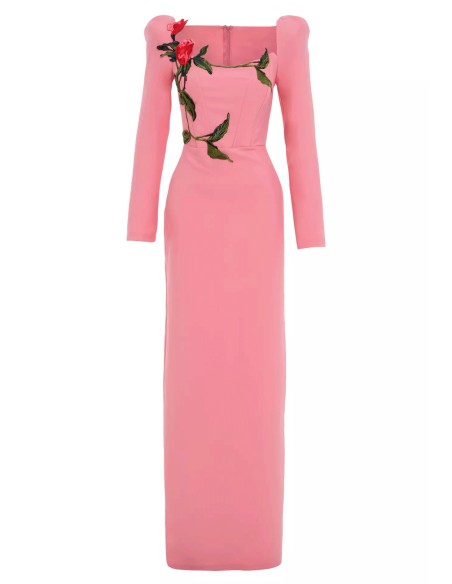 Vestido de fiesta largo con manga abullonada y bordado rosa Vestido de fiesta largo con manga abullonada y bordado rosa