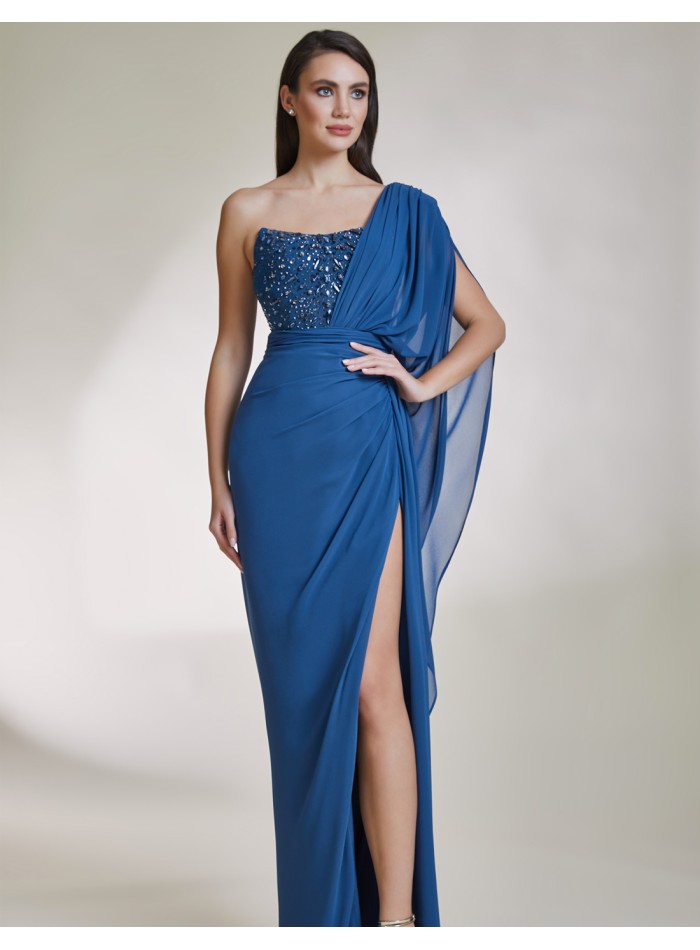 Long party dress with asymmetrical neckline and rhinestones