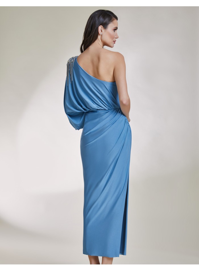 Vestido de fiesta midi asimétrico con aplique joya azul