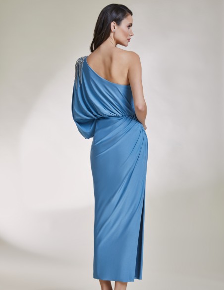 Asymmetric midi party dress with jewel applique for guests