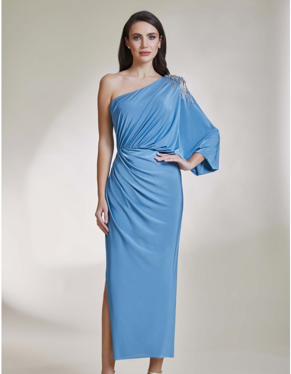 Vestido de fiesta midi asimétrico con aplique joya