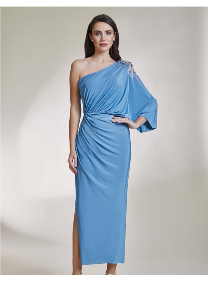 Asymmetric midi party dress with jewel applique blue