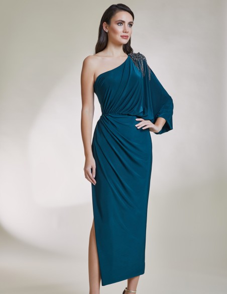 Asymmetric midi party dress with jewel applique
