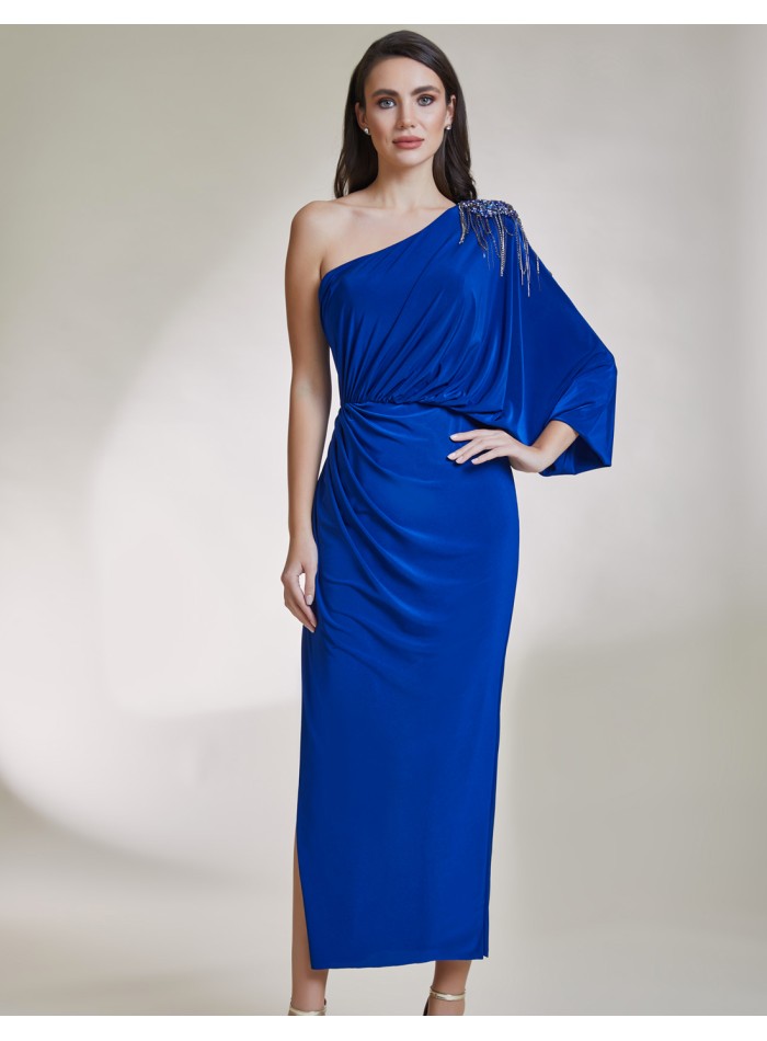 Asymmetric midi party dress with jewel applique blue