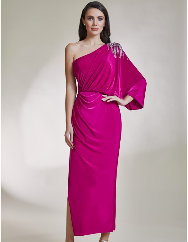 Vestido de fiesta midi asimétrico con aplique joya 2
