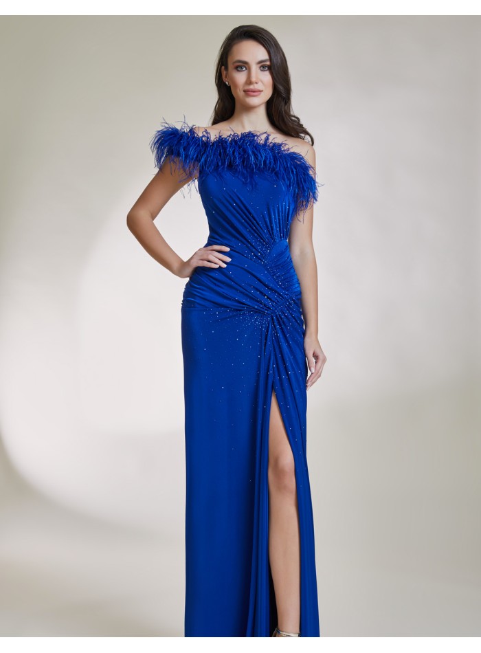 Long party dress with slit and feathered neckline