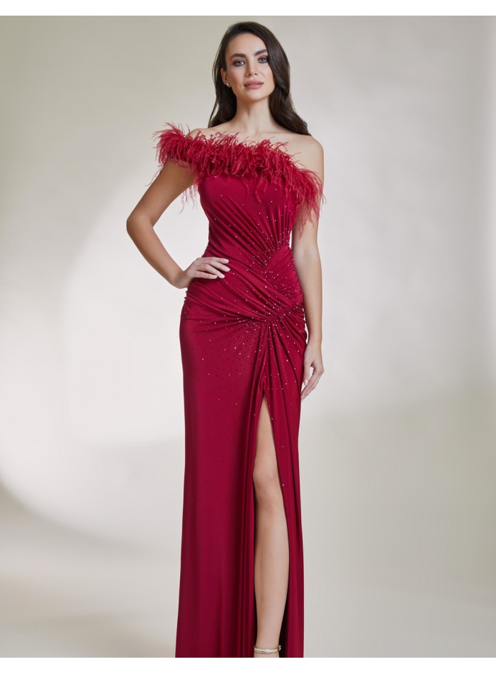 Long party dress with slit and feathered neckline